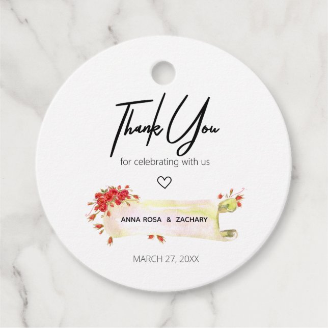 *~* Runda Röd ros Blommigt Flower Tack Bröllop Gåvor Etiketter (Framsida)