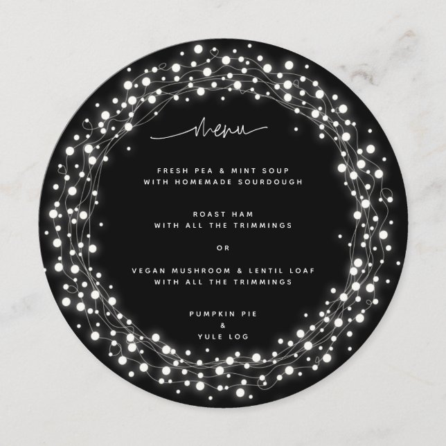 Runda svarta glittrande ljus julmiddag meny (Framsida)