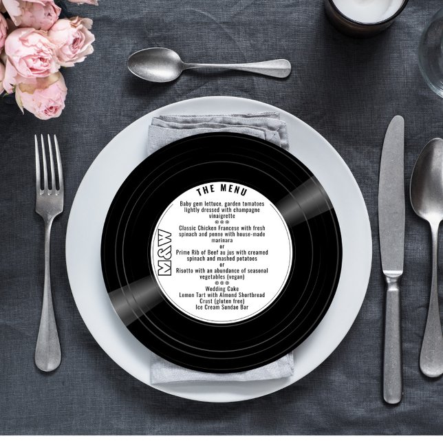 Runda vinylpostmeny Bröllop med Monogram Meny (Round vinyl record style wedding dinner menu with your monogram.)