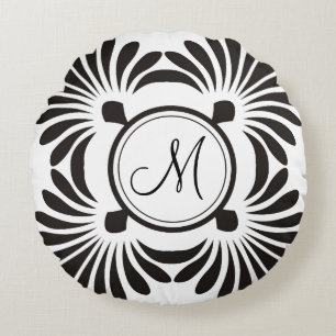 RundaKudde-Svart för Monogram initial blommigt Rund Kudde