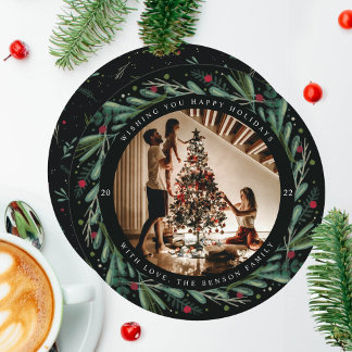 Rundkort för festive Helgdag WAN Löv Berries Round Julkort