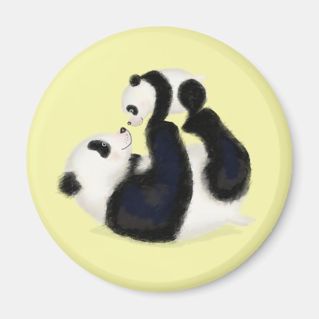 Rundmagnet Cute panda mor och unge (gult) Magnet (Framsidan)