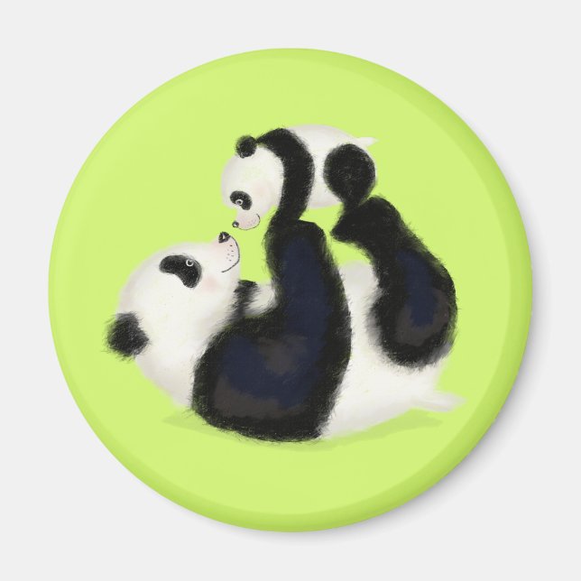 Rundmagnet Cute panda mor och unge (kalk) Magnet (Framsidan)