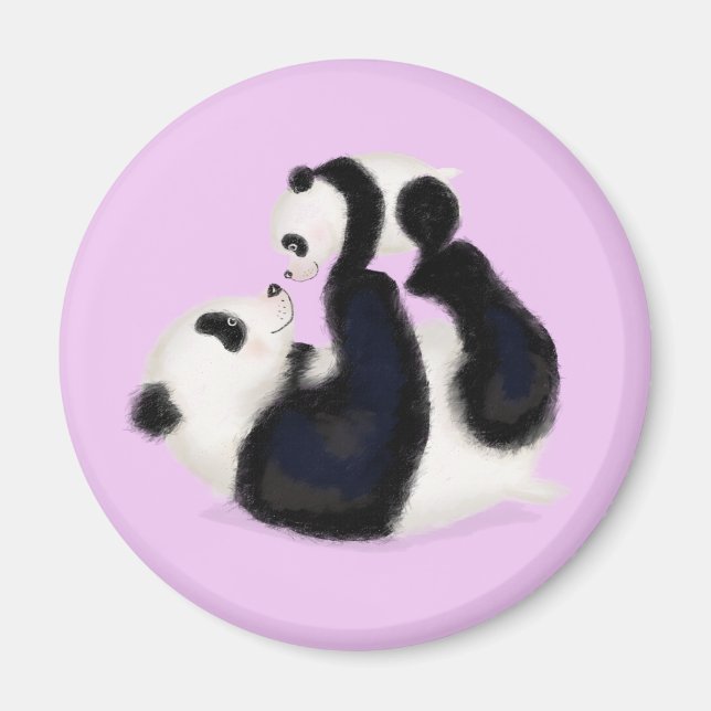 Rundmagnet Cute panda mor och unge (lila) Magnet (Framsidan)