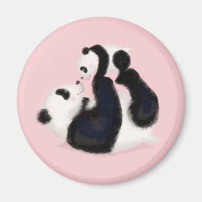 Rundmagnet Cute panda mor och unge (rosa) Magnet (Framsidan)