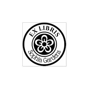 Rundt exlibris blomstermotiv (vitt på svart) stämpel