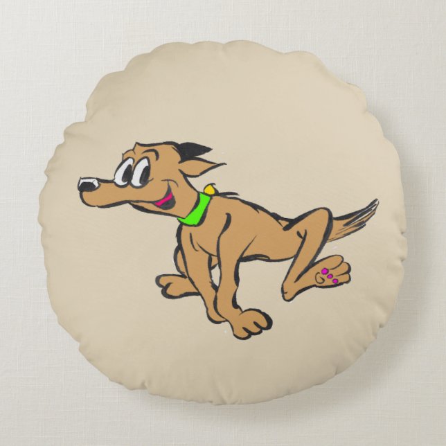 Running av Lycklig Hund Tecknad Kids Round Pillow Rund Kudde (Framsidan)