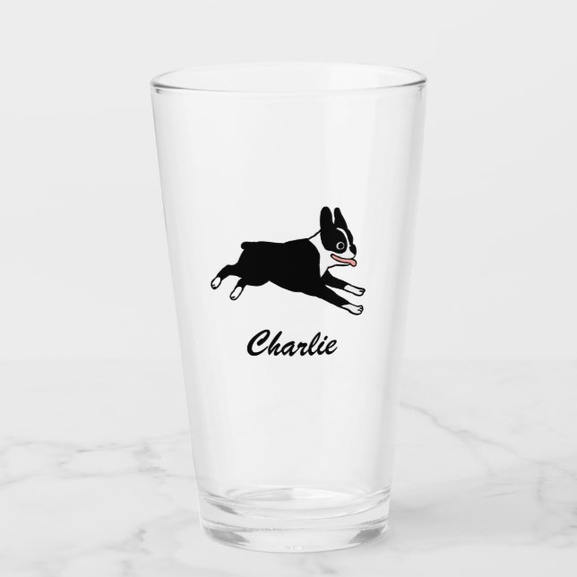 Running Boston Terrier Tecknad hund Personlig Glaskopp (Framsida)