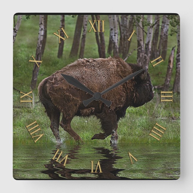 Running Buffalo & Forest, Bison-älskare Design Fyrkantig Klocka (Framsida)