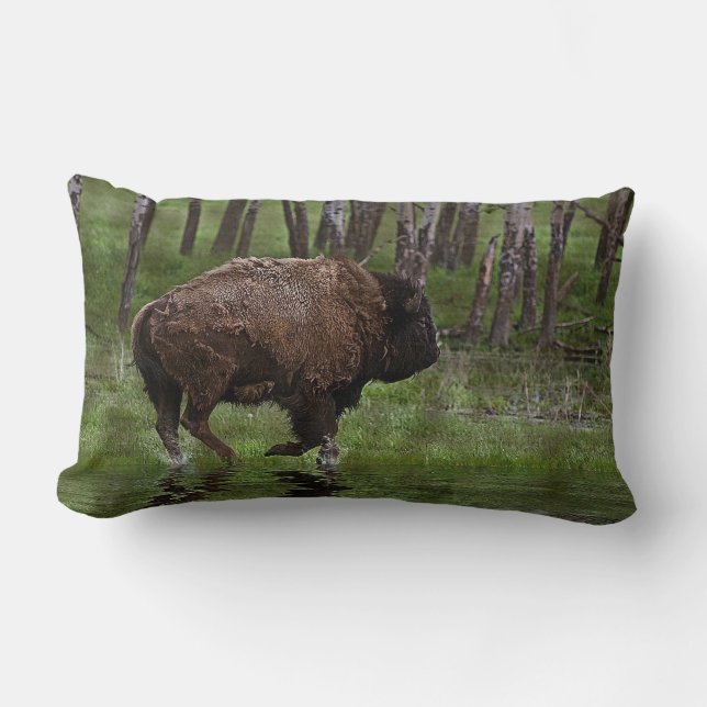 Running Buffalo & Forest, Bison-älskare Design Lumbarkudde (Framsida)