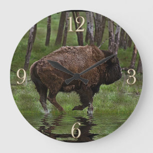 Running Buffalo & Forest, Bison-älskare Design Stor Klocka