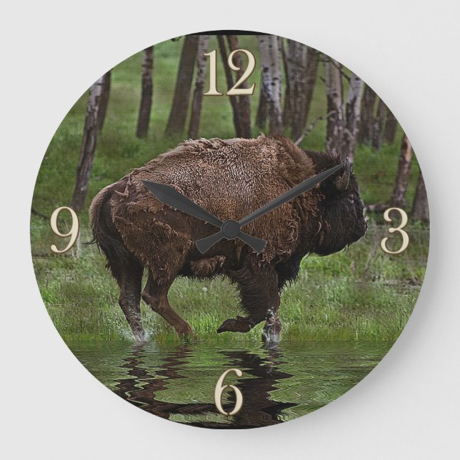 Running Buffalo & Forest, Bison-älskare Design Stor Klocka (Framsida)