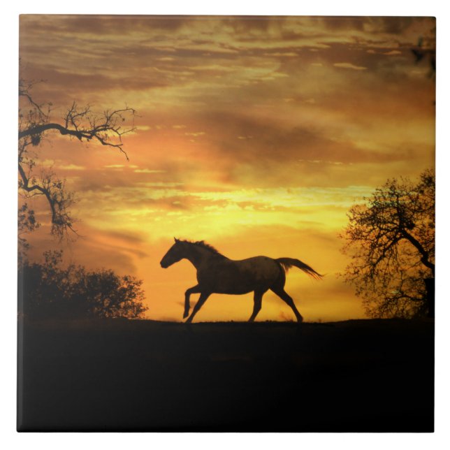 Running Horse in Sunset Art Tile Kakelplatta (Framsidan)