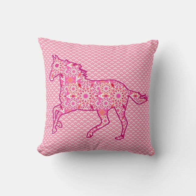 Running Horse Silhouette, Fuchsia och Coral Rosa Kudde (Framsida)