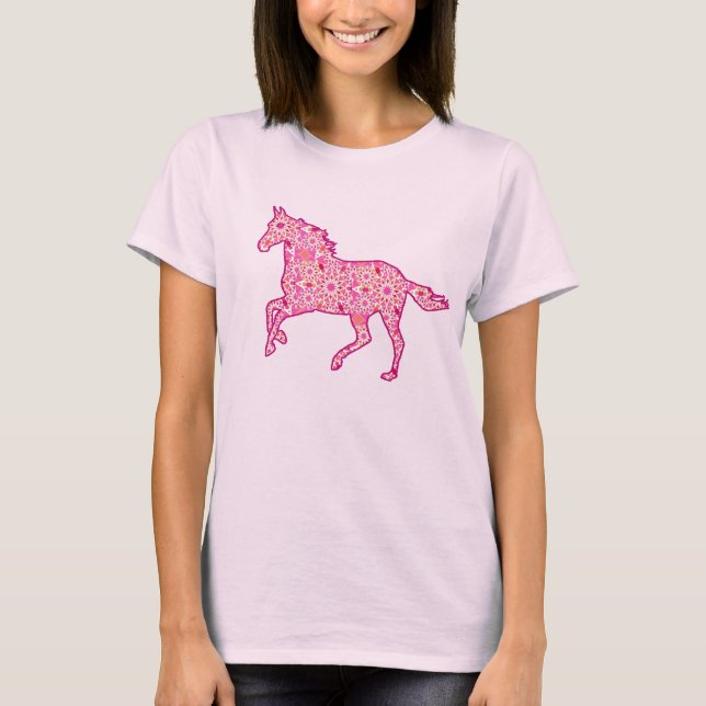 Running Horse Silhouette, Fuchsia och Coral Rosa Tee (Framsida)