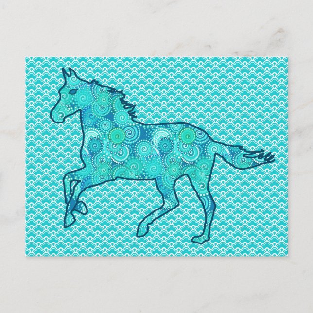 Running Horse Silhouette, Turcos och Aqua Vykort (Framsida)