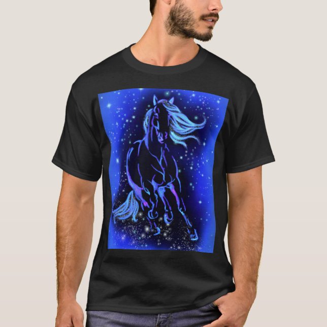 Running Horse T-Shirt Blue Moonlight Starry Night (Framsida)