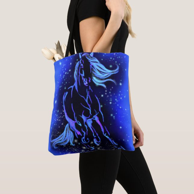 Running Horse Tote Bag Blue Moonlight Natt Tygkasse (Närbild)