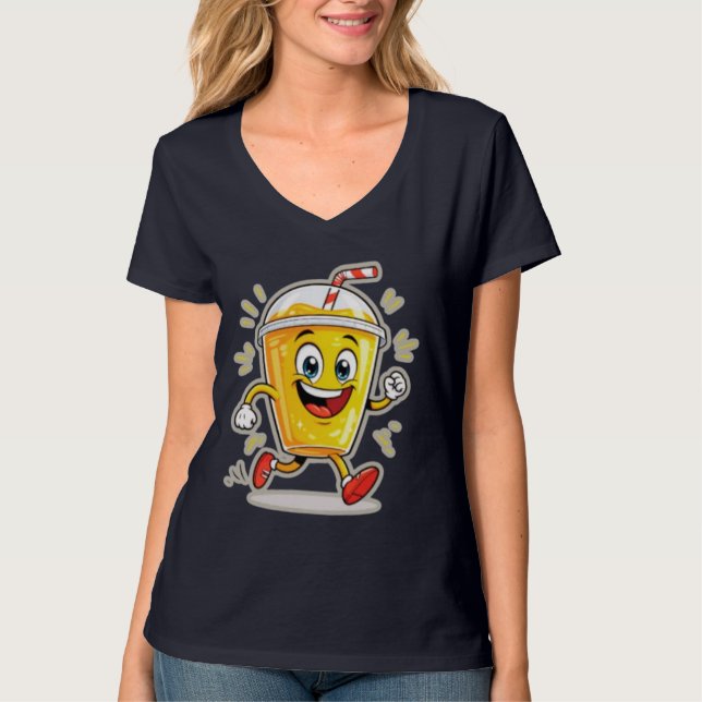 **Running Juice Cup Cartoon – Fun Street Drink Cha T Shirt (Framsida)