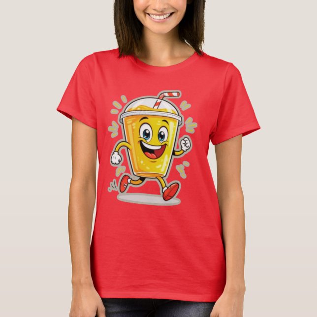 **Running Juice Cup Cartoon – Fun Street Drink Cha T Shirt (Framsida)