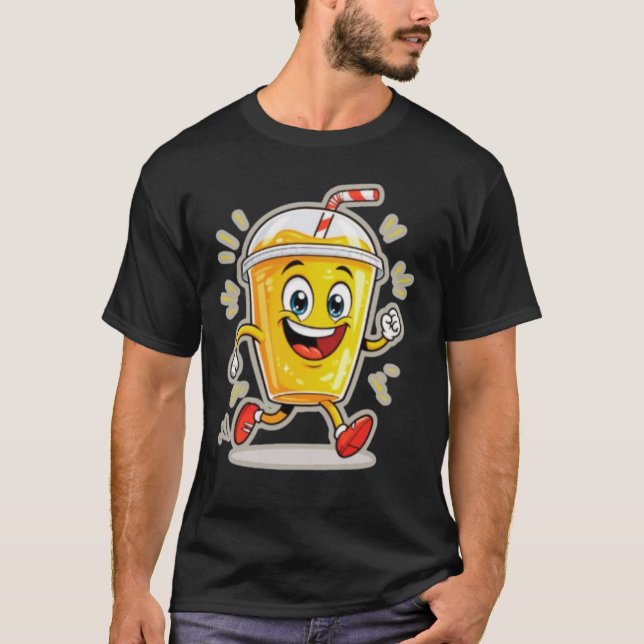 **Running Juice Cup Cartoon – Fun Street Drink Cha T Shirt (Framsida)