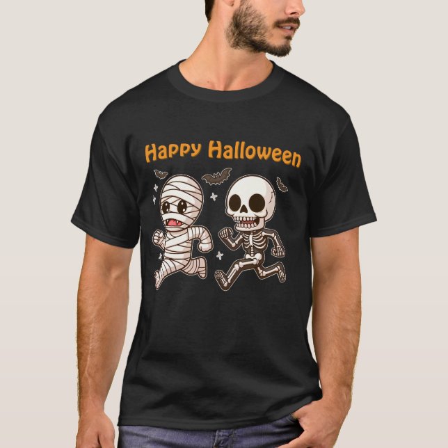 Running Mummy & Skeleton - Cute Halloween Duo T Shirt (Framsida)