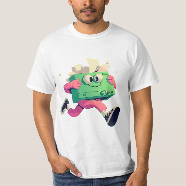 Running Printer with Flying Papers – Tech Humor T Shirt (Framsida)
