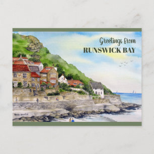 Runswick Bay Yorkshire England Watercolor Painting Vykort