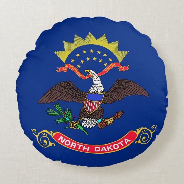 Runt Dekorativ kudde med flagga i North Dakota (Framsidan)
