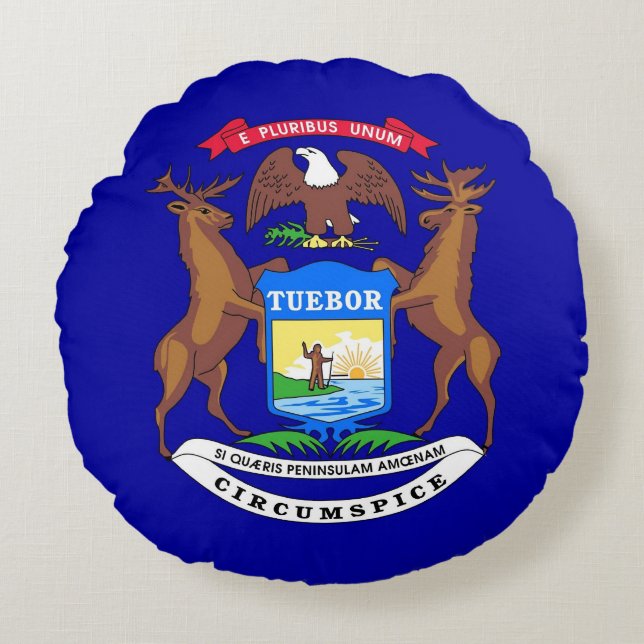 Runt Dekorativ kudde med flagga Michigan, USA (Framsidan)