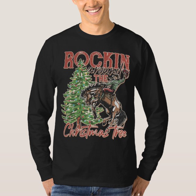 Runt Julgran Cowboy Santa Rid T Shirt (Framsida)