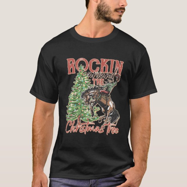 Runt Julgran Cowboy Santa Rid T Shirt (Framsida)