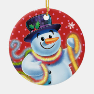 Runt Julgran dekoration Snögubbe och tinsel.