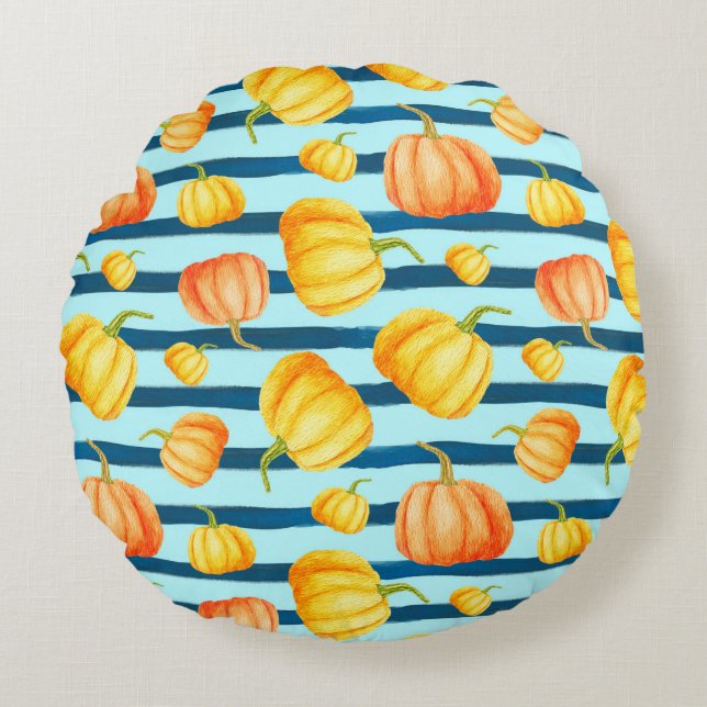 Runt Orange Pumpkin. Sömlös vattenfärgspets Rund Kudde (Framsidan)