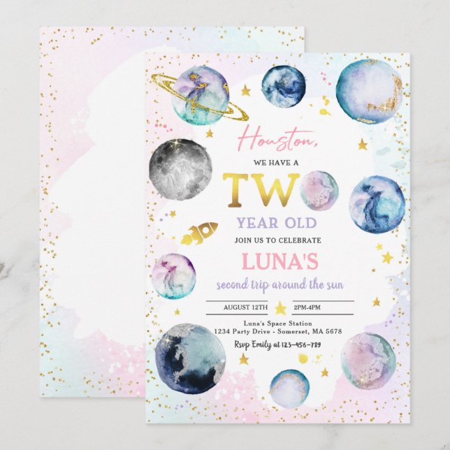 Runt Sol vid rymdens Födelsedagsfest andra Resa Inbjudningar (Fram/baksida)