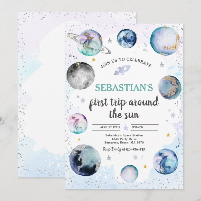 Runt Sol vid rymdens Födelsedagsfest i första Resa Inbjudningar (Fram/baksida)