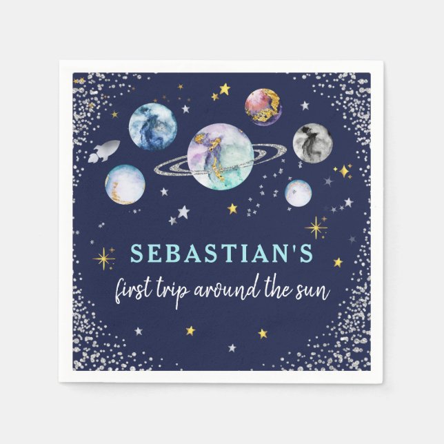 Runt Sol vid rymdens Födelsedagsfest i första Resa Pappersservett (Framsidan)