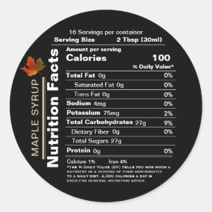 Runt svart maple Syrup Nutrition Facts med Löv Klistermärke