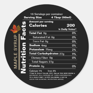 Runt svart maple Syrup Nutrition Facts med Löv Klistermärke