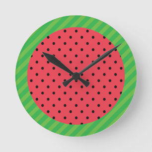 Runt vattenmelonsegment, rosa svart polka dots rund klocka