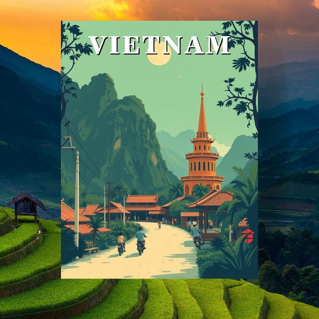 Rural Vietnam Reseskylt för Illustration Vykort (Rural Vietnam Travel Illustration Postcard)