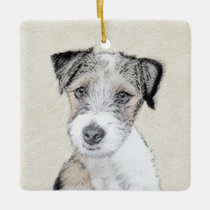 Russell Terrier Rough Painting - Original Hund Art Julgransprydnad Keramik