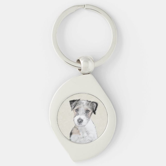 Russell Terrier Rough Painting - Original Hund Art Swirl Silverfärgad Nyckelring (Framsidan)