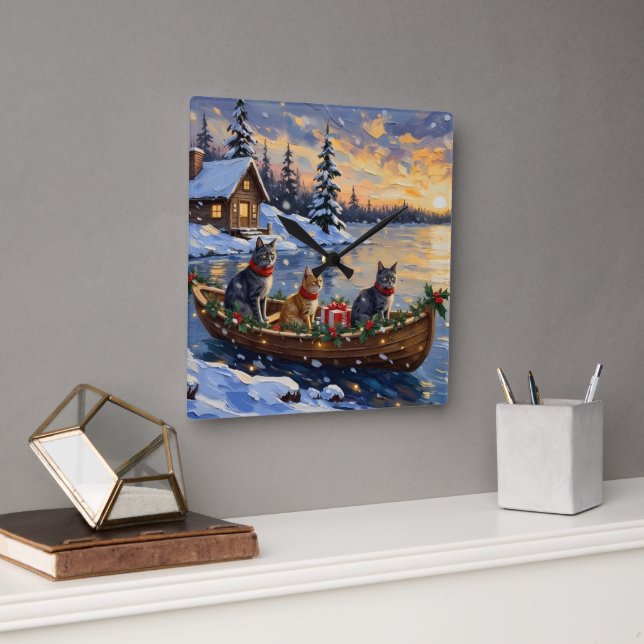 Russian Blue Cat Christmas Boat Holiday Fyrkantig Klocka (Kontor)