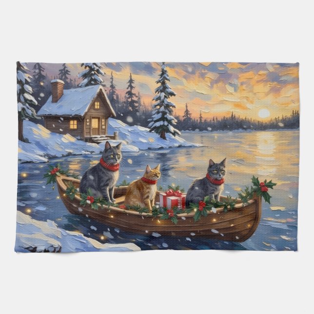 Russian Blue Cat Christmas Boat Holiday Kökshandduk (Horisontell)