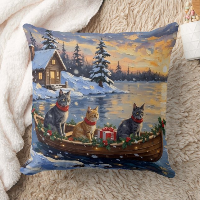 Russian Blue Cat Christmas Boat Holiday Kudde (Filt)