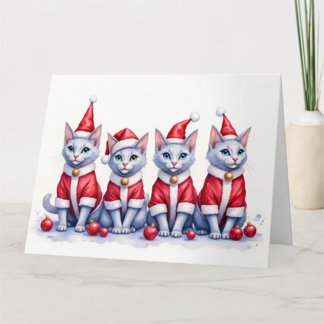 Russian Blue Cat Christmas Dress Santa Hat Kort (Framsida)