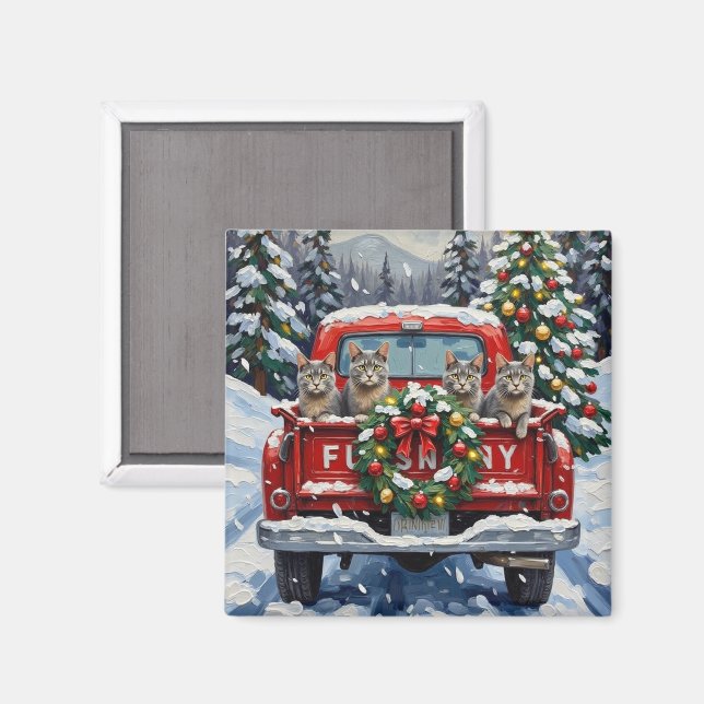 Russian Blue Cat Christmas Red Truck Holiday Magnet (Front/Back)