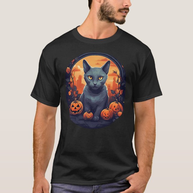 Russian Blue Cat, Halloween Pumpkin, Love Cats T Shirt (Framsida)