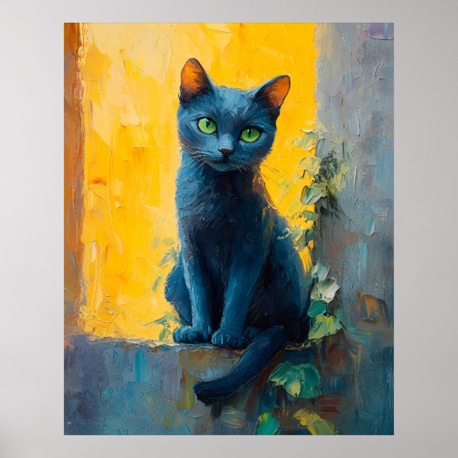 Russian Blue Cat in Golden Light – Peaceful Ledge  Poster (Framsidan)